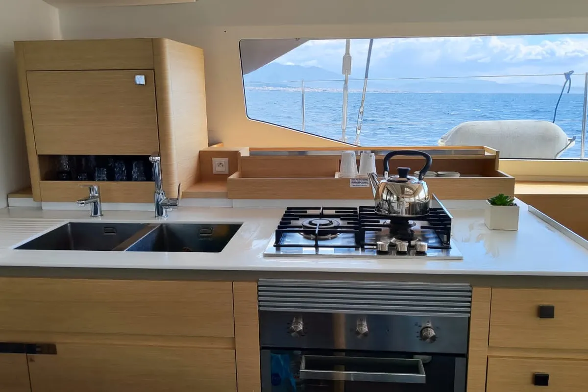Galley of My Precious ''E'', a Fountaine Pajot Aura 51 catamaran at Municipal Unit of Ellomenos, Greece
