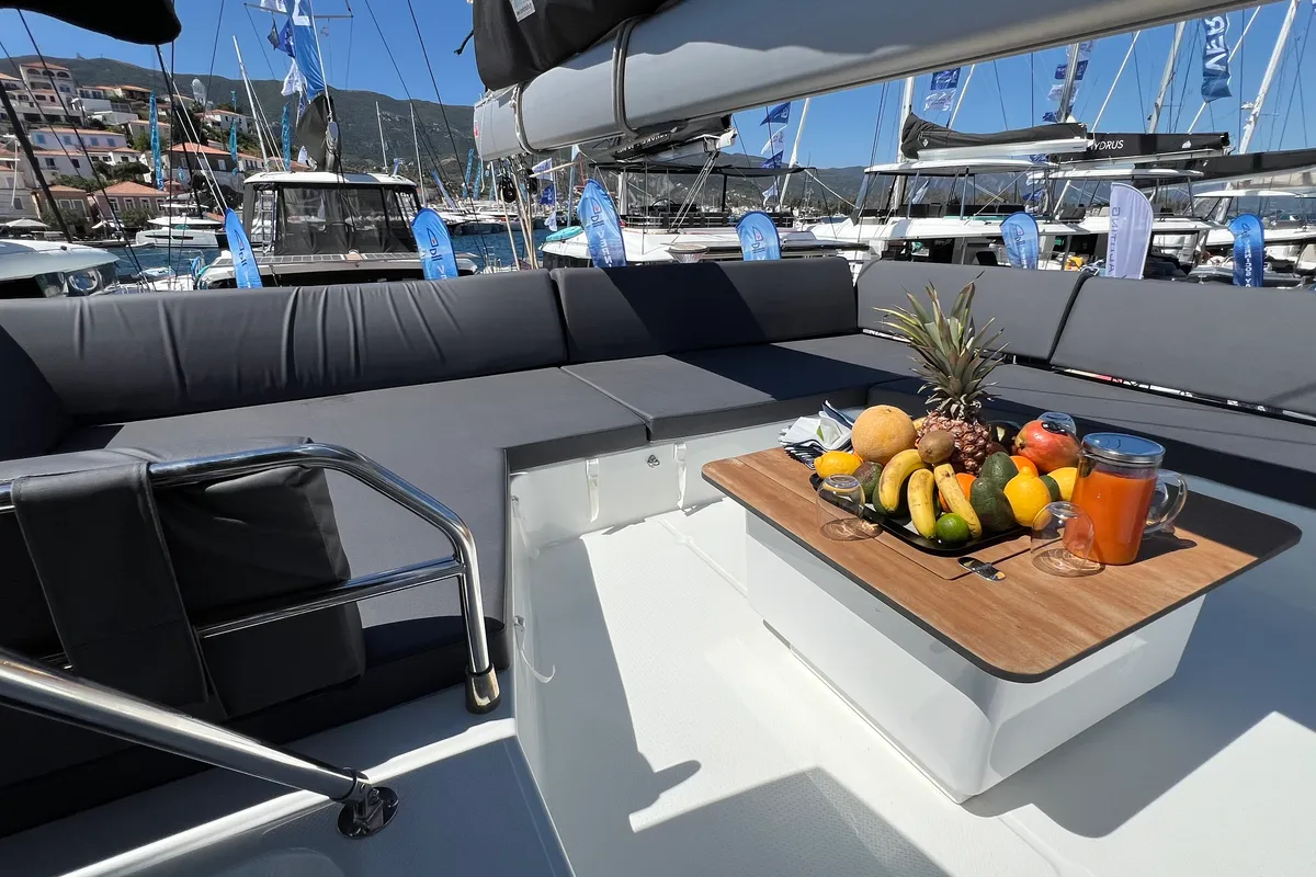 Deck of My Precious ''E'', a Fountaine Pajot Aura 51 catamaran at Municipal Unit of Ellomenos, Greece