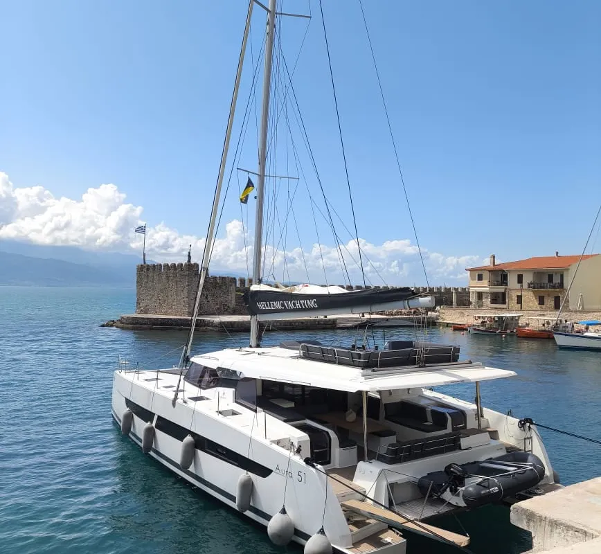 Exterior view of My Precious ''E'', a Fountaine Pajot Aura 51 catamaran at Municipal Unit of Ellomenos, Greece