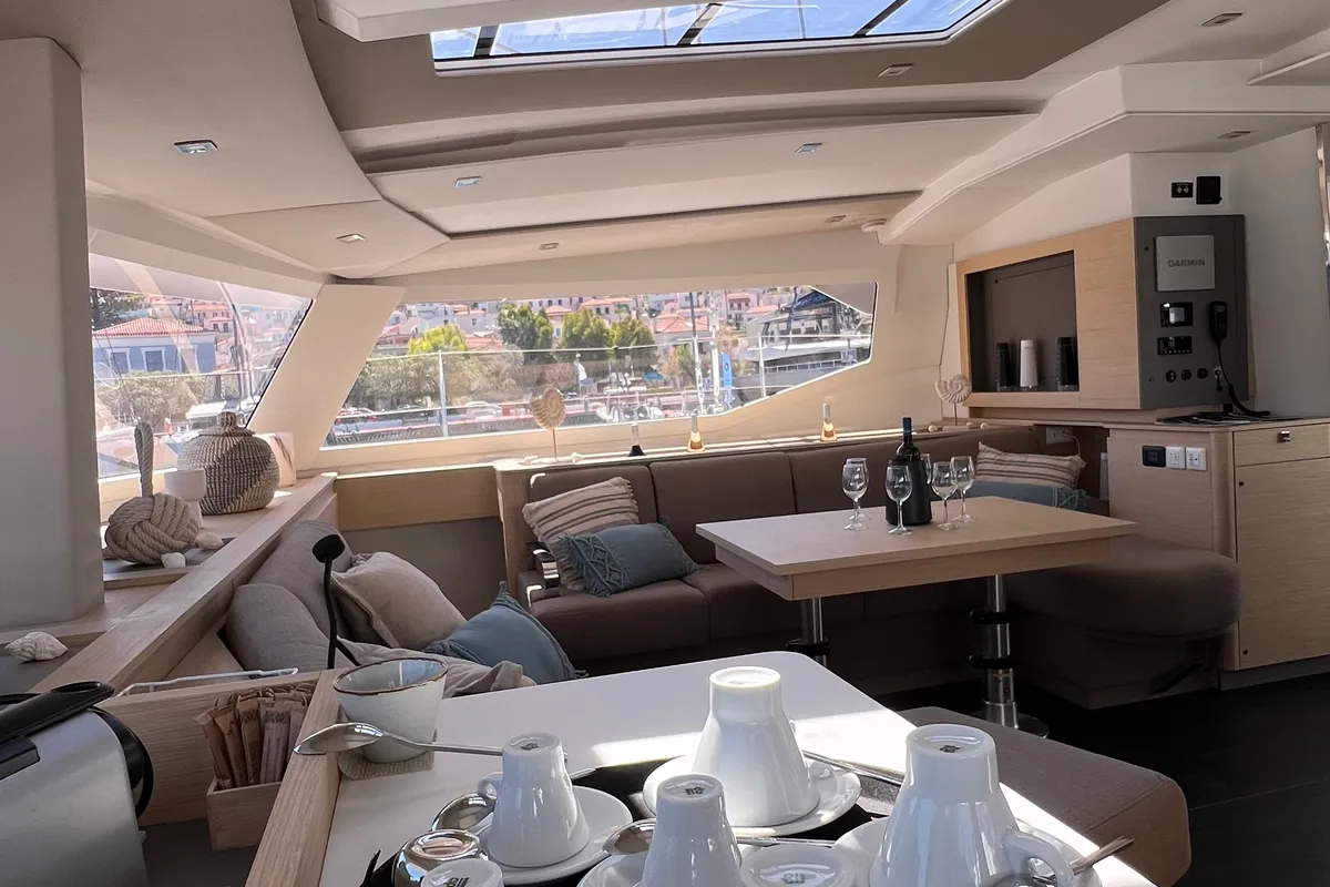 Salon of My Precious ''E'', a Fountaine Pajot Aura 51 catamaran at Municipal Unit of Ellomenos, Greece