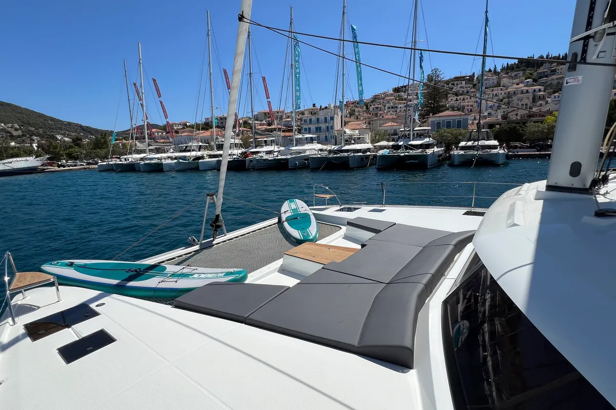 Deck of My Precious ''E'', a Fountaine Pajot Aura 51 catamaran at Municipal Unit of Ellomenos, Greece