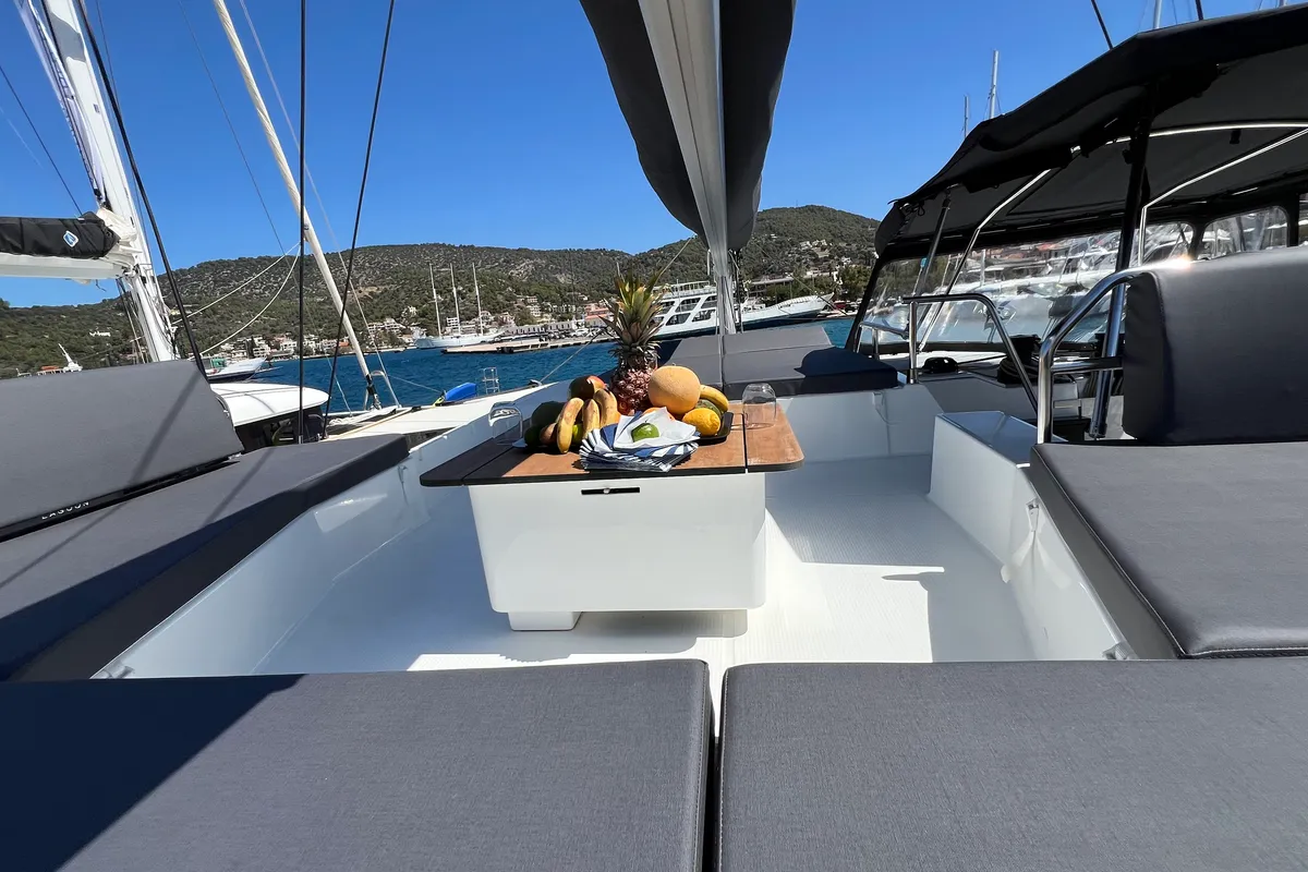 Deck of My Precious ''E'', a Fountaine Pajot Aura 51 catamaran at Municipal Unit of Ellomenos, Greece