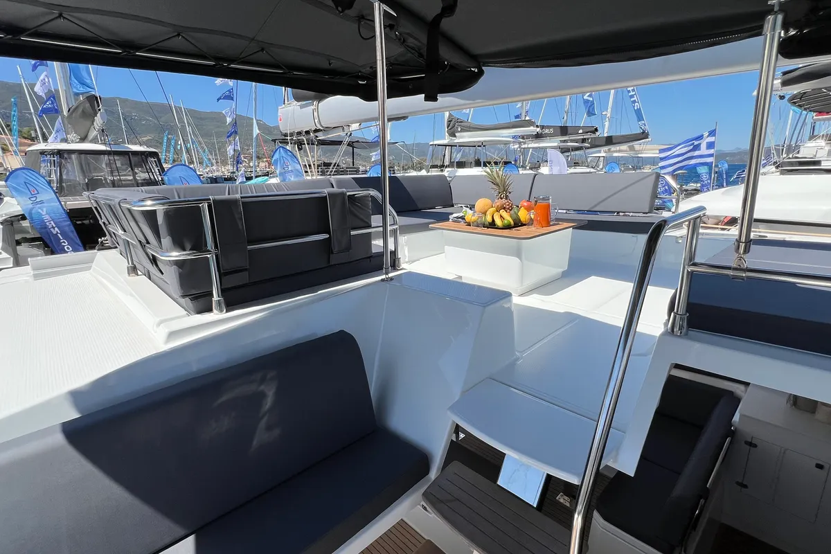 Deck of My Precious ''E'', a Fountaine Pajot Aura 51 catamaran at Municipal Unit of Ellomenos, Greece