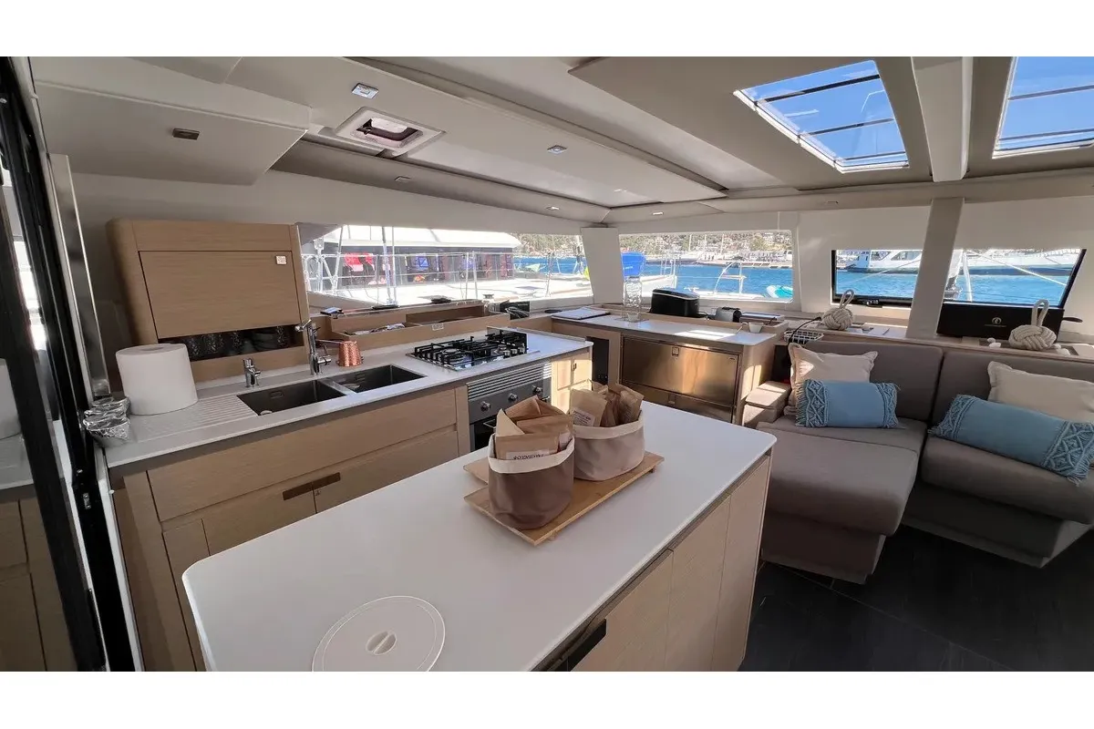 Galley of My Precious ''E'', a Fountaine Pajot Aura 51 catamaran at Municipal Unit of Ellomenos, Greece