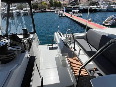 Cockpit of My Precious ''E'', a Fountaine Pajot Aura 51 catamaran at Municipal Unit of Ellomenos, Greece