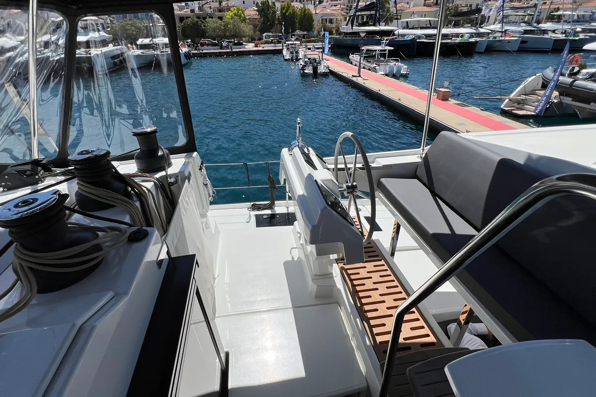 Cockpit of My Precious ''E'', a Fountaine Pajot Aura 51 catamaran at Municipal Unit of Ellomenos, Greece
