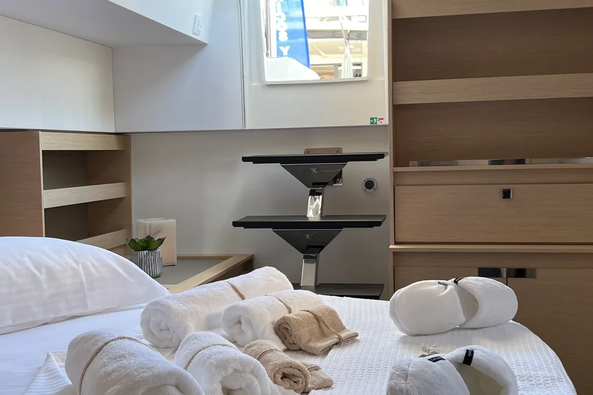 Cabin on My Precious ''E'', a Fountaine Pajot Aura 51 catamaran at Municipal Unit of Ellomenos, Greece