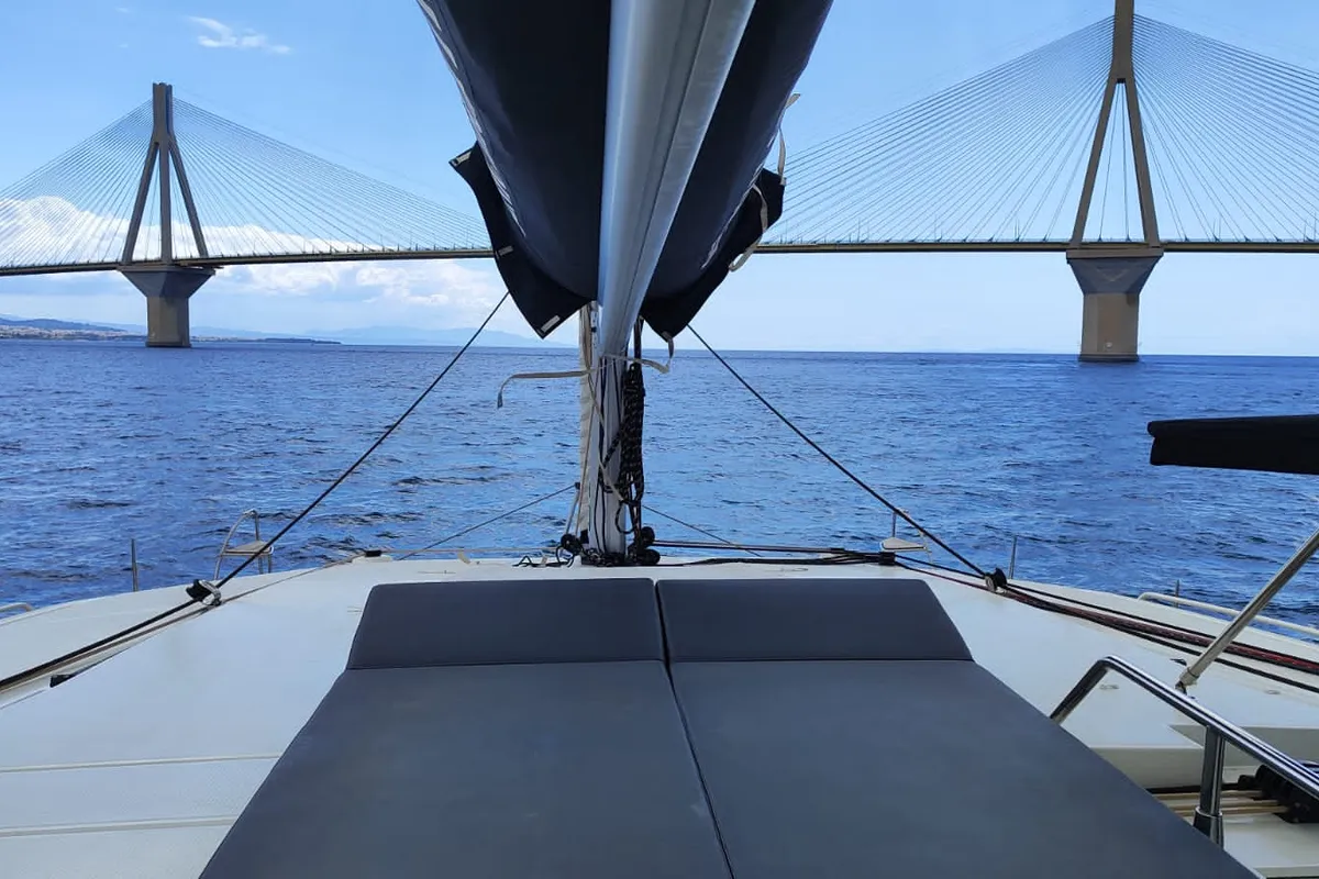Deck of My Precious ''E'', a Fountaine Pajot Aura 51 catamaran at Municipal Unit of Ellomenos, Greece
