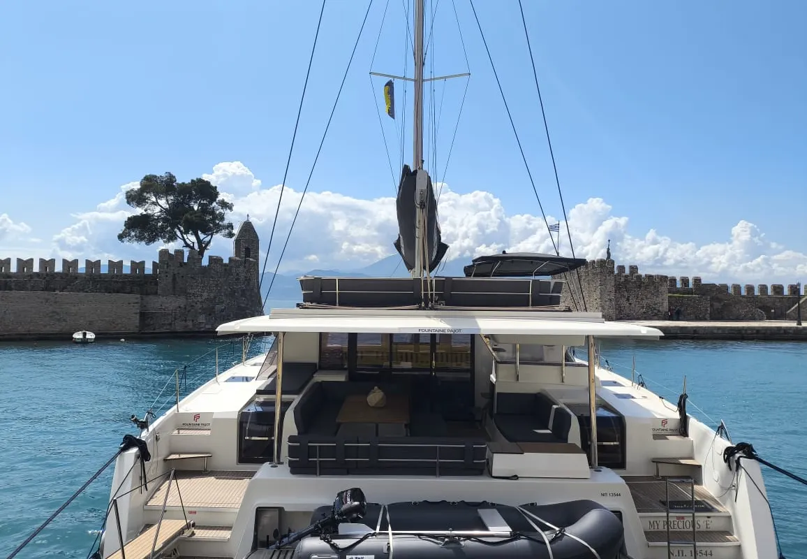 Exterior view of My Precious ''E'', a Fountaine Pajot Aura 51 catamaran at Municipal Unit of Ellomenos, Greece