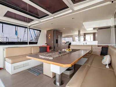 Salon of Calypso, a Bali 4.8 catamaran at Lefkada, Greece