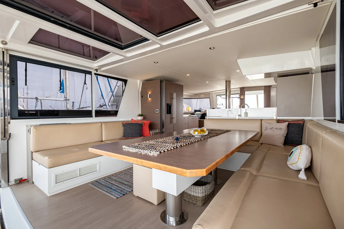 Salon of Calypso, a Bali 4.8 catamaran at Lefkada, Greece