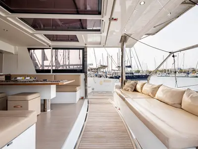 Deck of Calypso, a Bali 4.8 catamaran at Lefkada, Greece