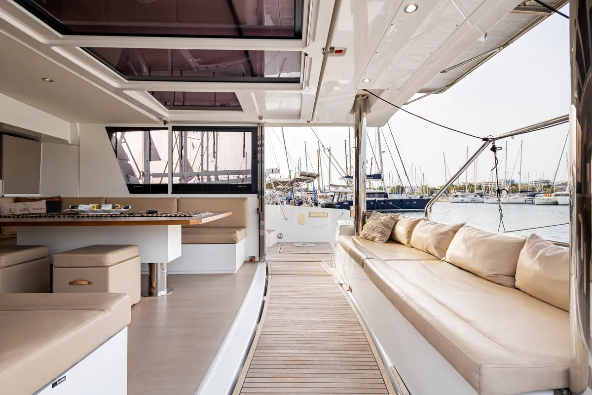 Deck of Calypso, a Bali 4.8 catamaran at Lefkada, Greece