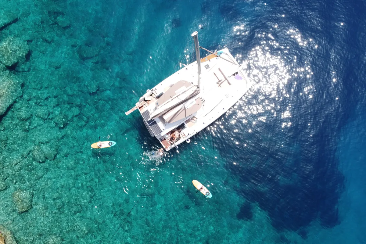 Exterior view of Calypso, a Bali 4.8 catamaran at Lefkada, Greece