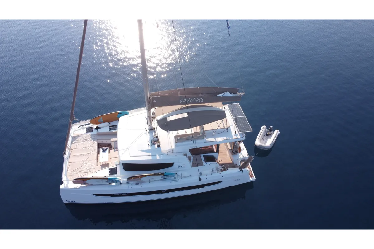 Exterior view of Calypso, a Bali 4.8 catamaran at Lefkada, Greece