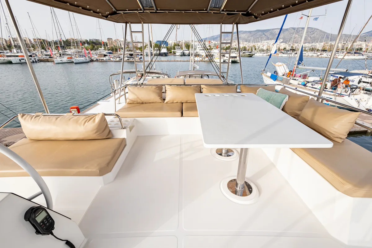 Deck of Calypso, a Bali 4.8 catamaran at Lefkada, Greece