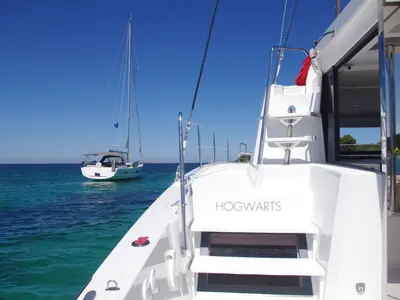 Deck of Hogwarts, a Bali 4.3 catamaran at Olbia, Italy