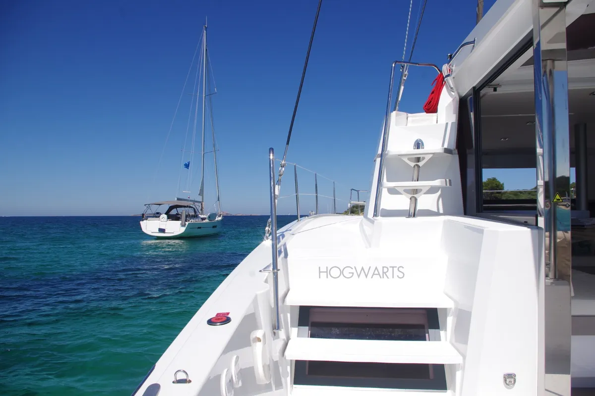 Deck of Hogwarts, a Bali 4.3 catamaran at Olbia, Italy