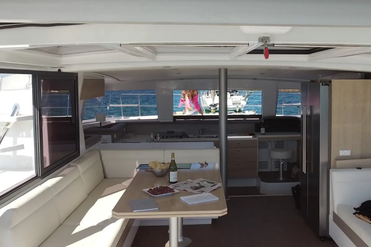 Salon of Hogwarts, a Bali 4.3 catamaran at Olbia, Italy