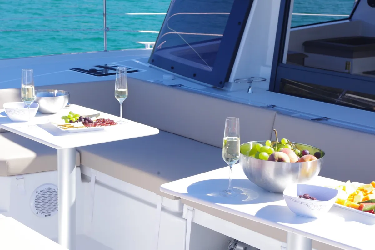 Deck of Hogwarts, a Bali 4.3 catamaran at Olbia, Italy