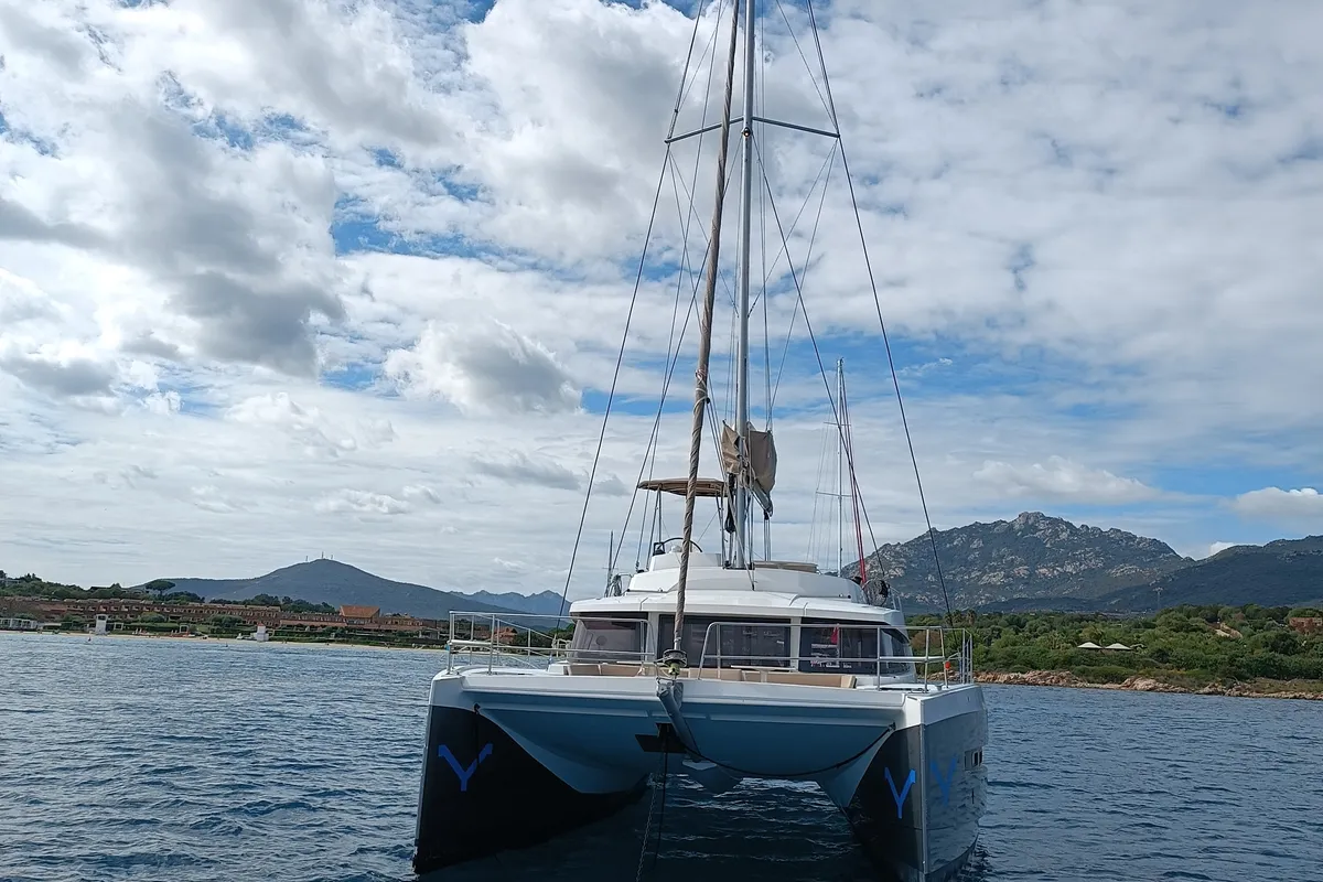 Exterior view of Hogwarts, a Bali 4.3 catamaran at Olbia, Italy