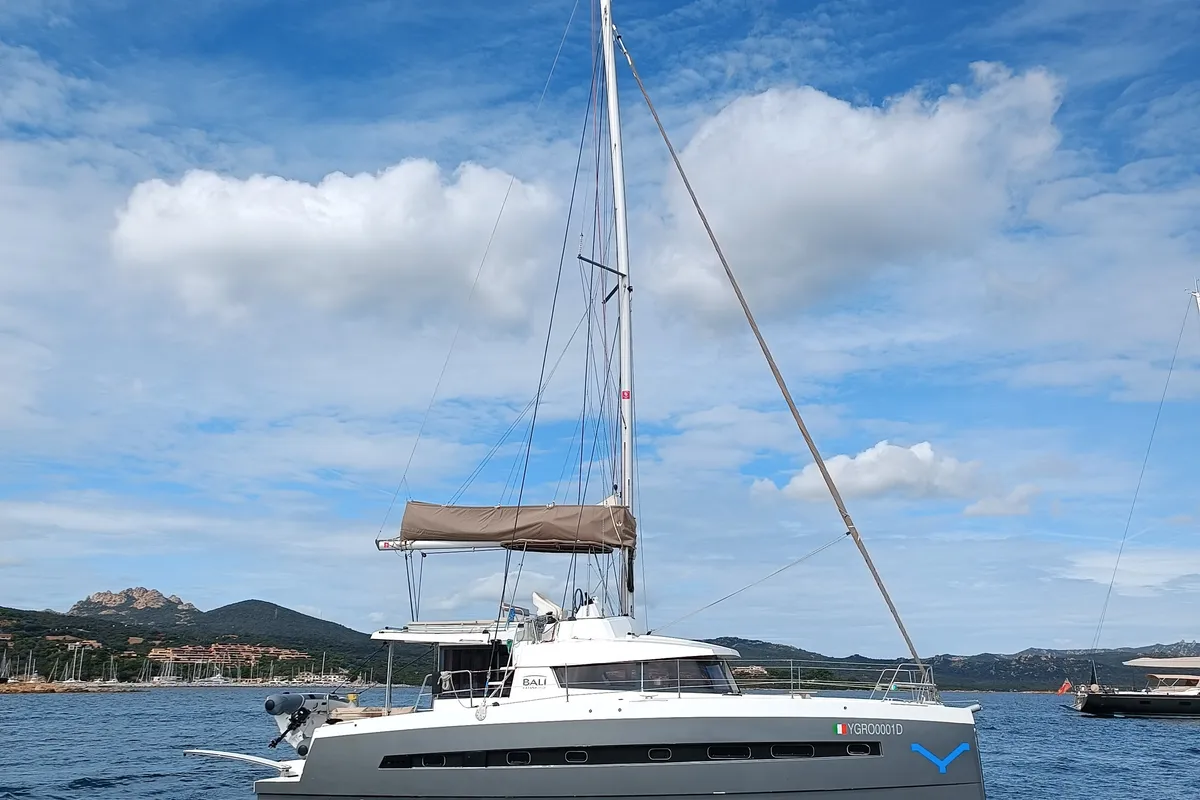 Exterior view of Hogwarts, a Bali 4.3 catamaran at Olbia, Italy