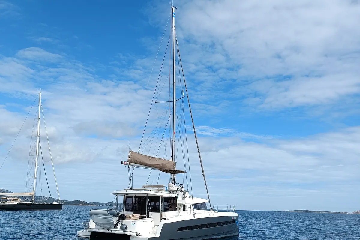 Exterior view of Hogwarts, a Bali 4.3 catamaran at Olbia, Italy