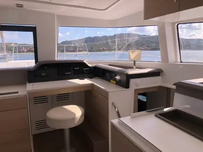 Cockpit of Hogwarts, a Bali 4.3 catamaran at Olbia, Italy