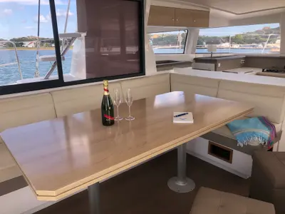 Salon of Hogwarts, a Bali 4.3 catamaran at Olbia, Italy
