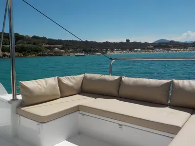Deck of Hogwarts, a Bali 4.3 catamaran at Olbia, Italy