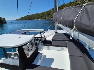 Cockpit of Stela, a Lagoon 43 catamaran at Seget Donji, Croatia