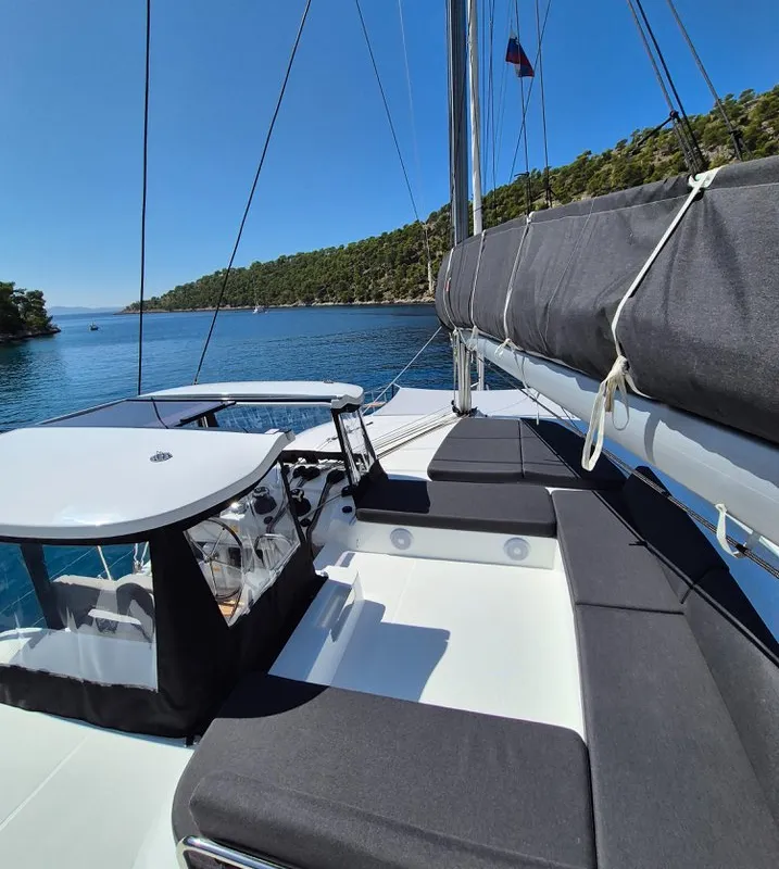 Cockpit of Stela, a Lagoon 43 catamaran at Seget Donji, Croatia