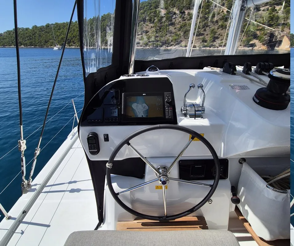 Cockpit of Stela, a Lagoon 43 catamaran at Seget Donji, Croatia