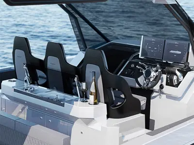 Cockpit of Katarina, a De Antonio D32 motorboat at Seget Donji, Croatia