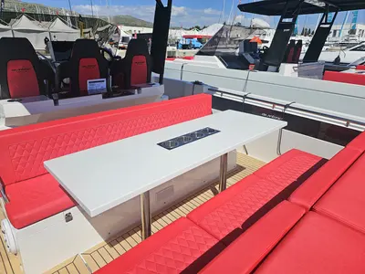 Deck of Katarina, a De Antonio D32 motorboat at Seget Donji, Croatia