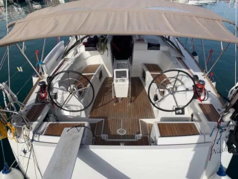 Cockpit of Nashira, a Jeanneau Sun Odyssey 449 sailboat at Salerno, Italy