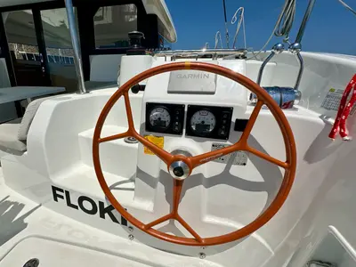 Cockpit of Floki, a Excess 11 catamaran at Port de Pollença, Spain