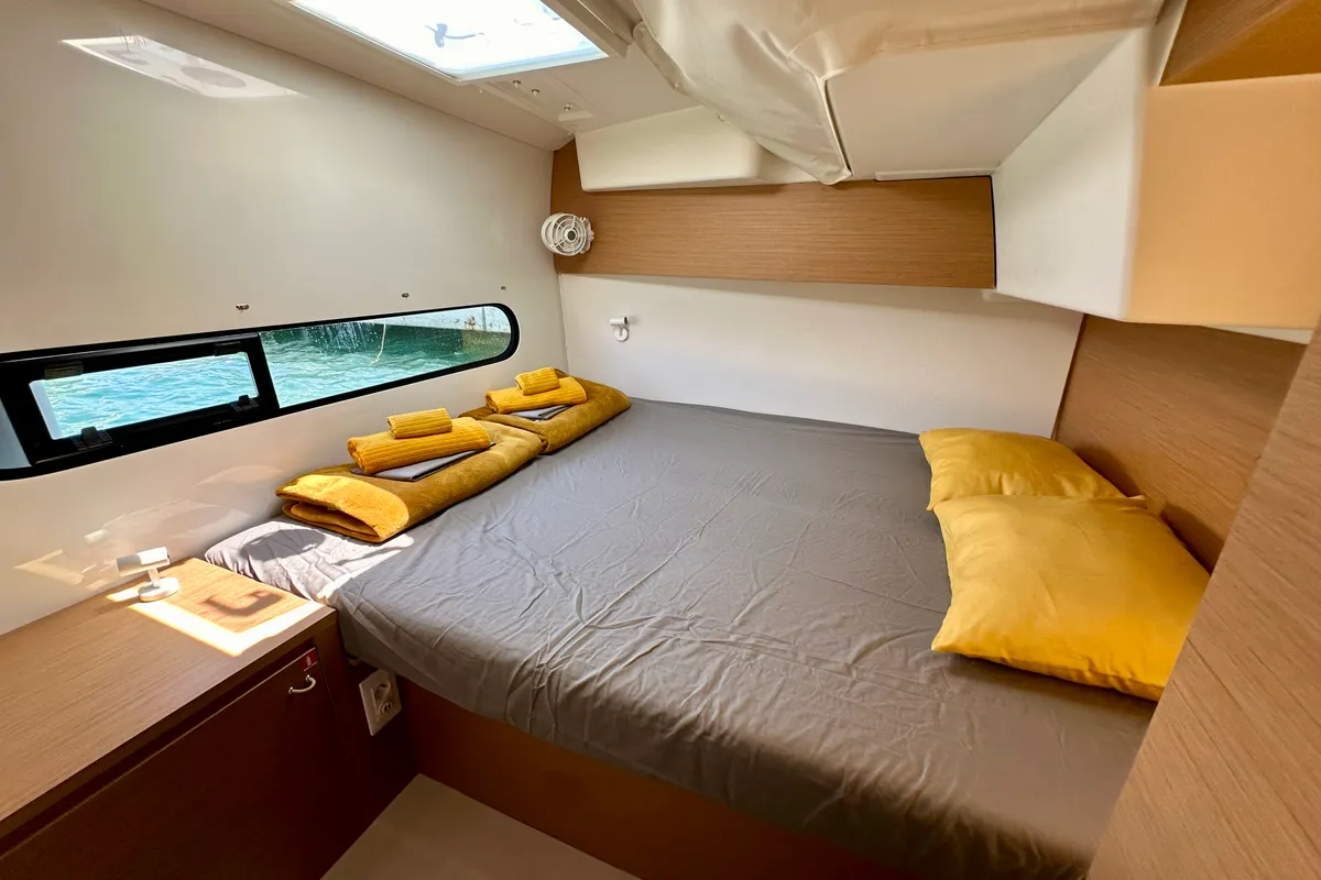 Cabin on Floki, a Excess 11 catamaran at Port de Pollença, Spain