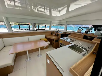 Salon of Floki, a Excess 11 catamaran at Port de Pollença, Spain