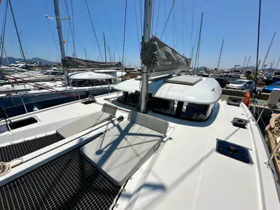 Deck of Floki, a Excess 11 catamaran at Port de Pollença, Spain