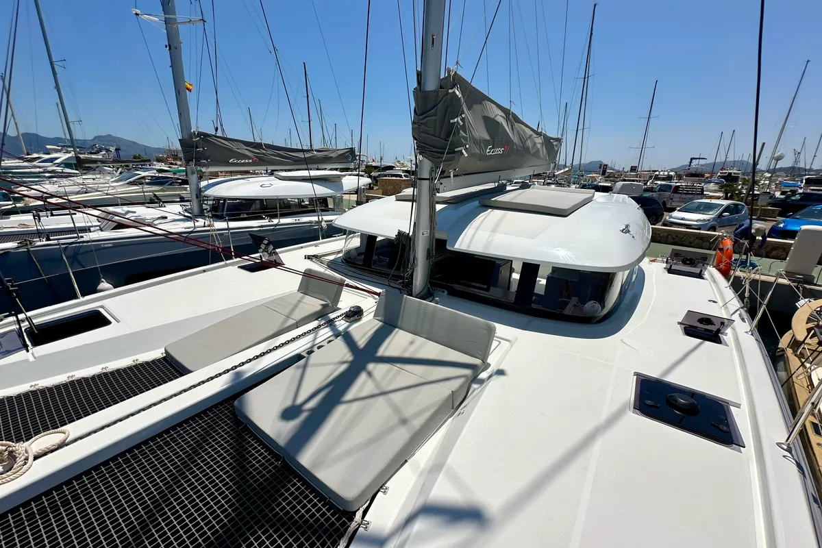 Deck of Floki, a Excess 11 catamaran at Port de Pollença, Spain