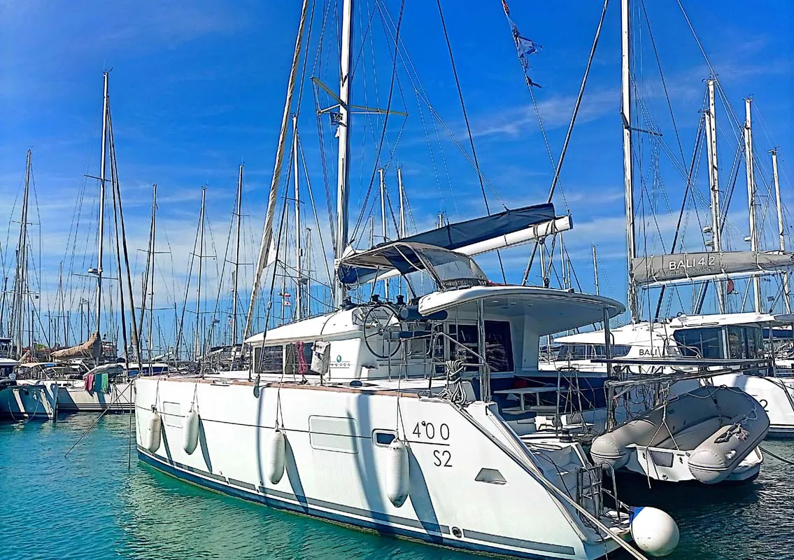 Exterior view of Shyva, a Lagoon 400 S2 catamaran at Municipal Unit of Lefkada, Greece