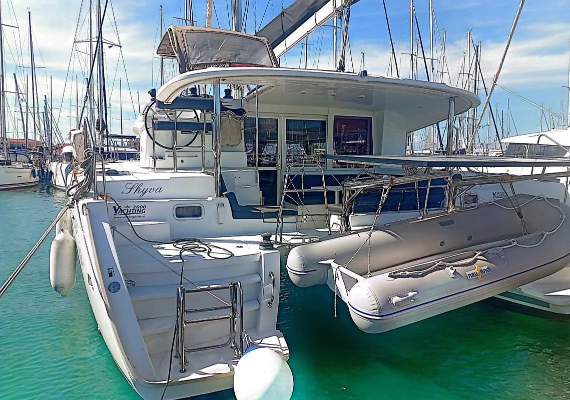 Exterior view of Shyva, a Lagoon 400 S2 catamaran at Municipal Unit of Lefkada, Greece