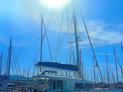 Exterior view of Shyva, a Lagoon 400 S2 catamaran at Municipal Unit of Lefkada, Greece