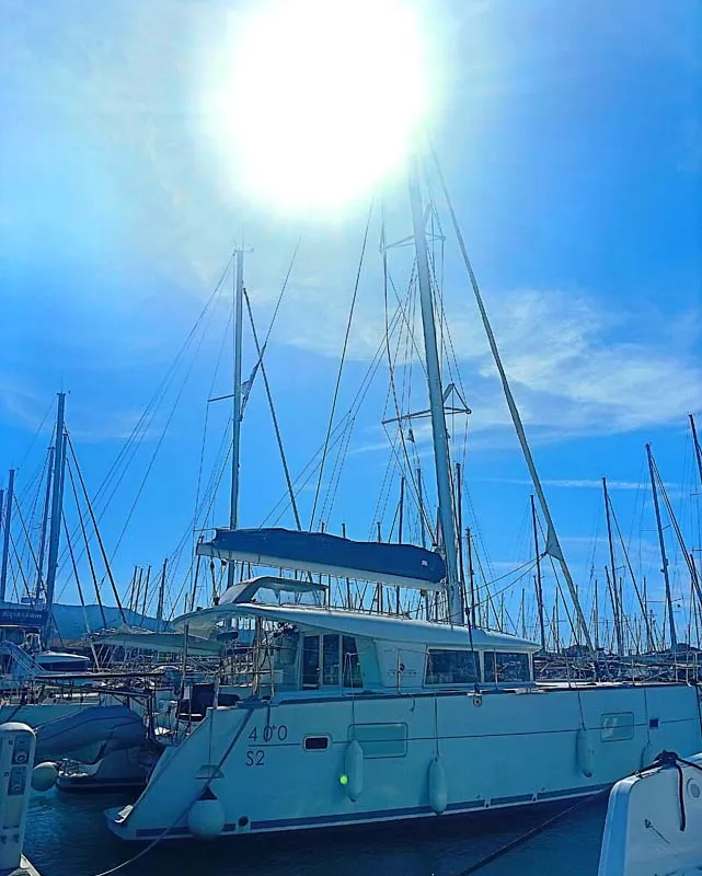 Exterior view of Shyva, a Lagoon 400 S2 catamaran at Municipal Unit of Lefkada, Greece