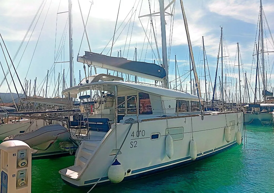Exterior view of Shyva, a Lagoon 400 S2 catamaran at Municipal Unit of Lefkada, Greece