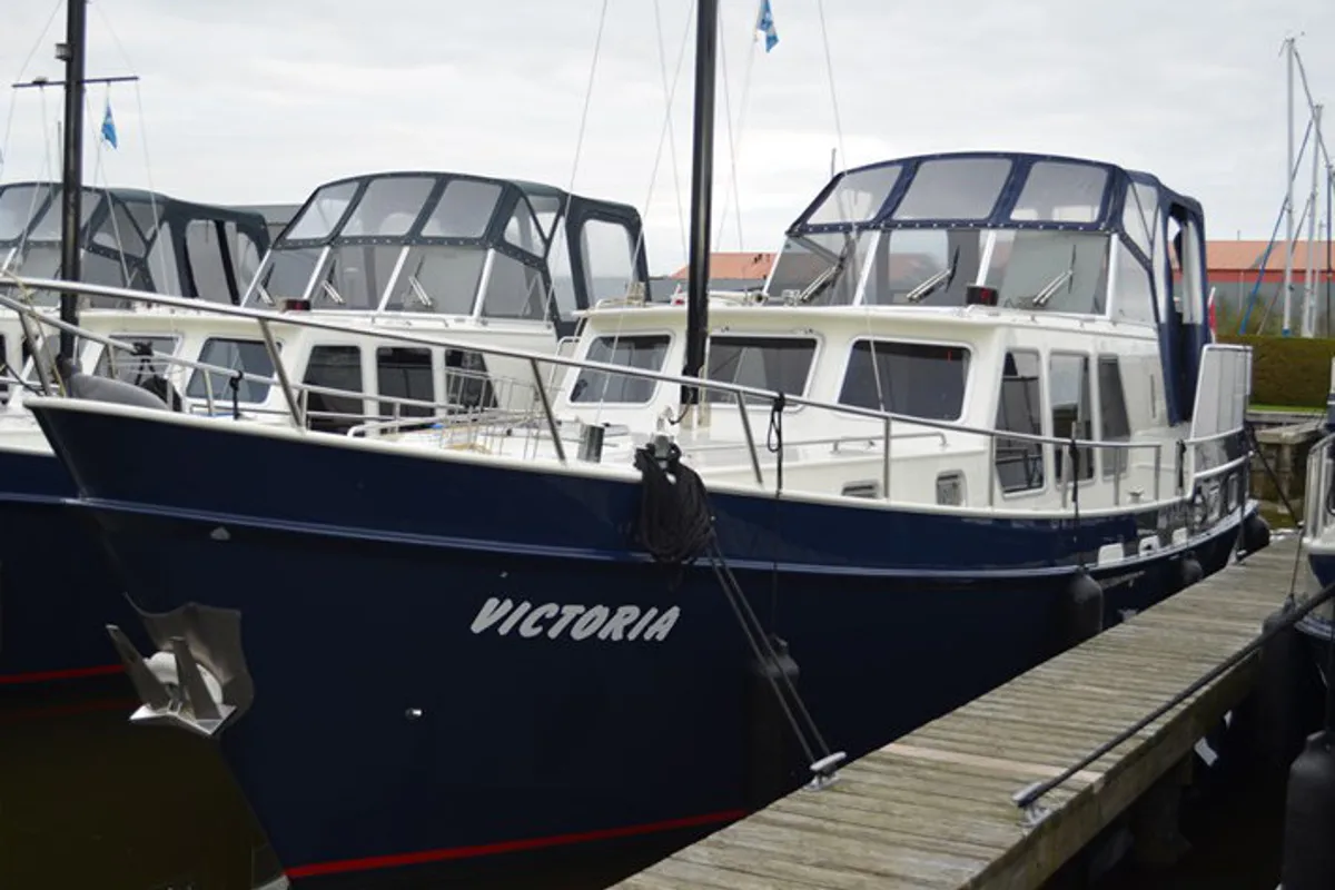 Exterior view of Victoria, a De Drait Kotterjacht 12.2 GL motorboat at Woudsend, Netherlands