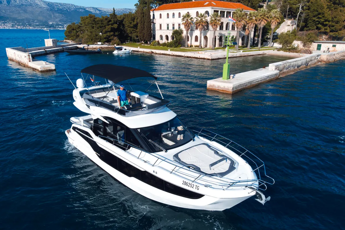 Exterior view of FGStar Mini, a Galeon 440 Fly (Diesel) motor yacht at Seget Donji, Croatia