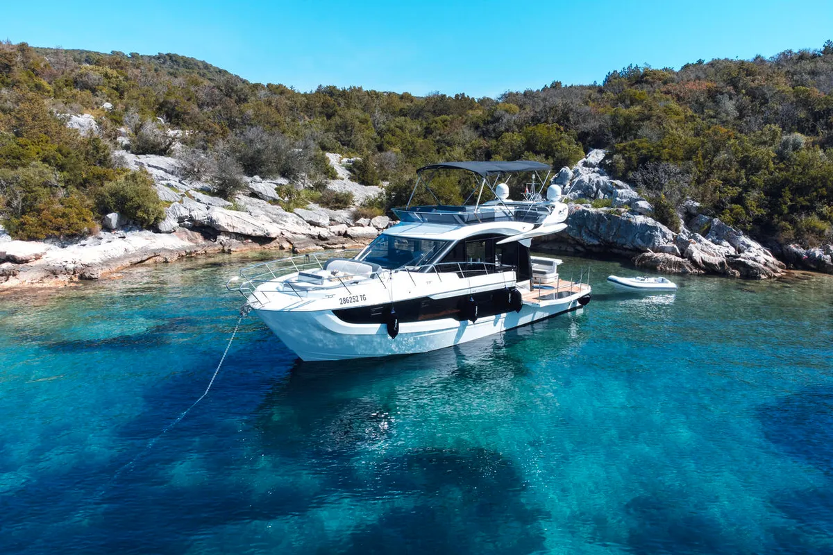 Exterior view of FGStar Mini, a Galeon 440 Fly (Diesel) motor yacht at Seget Donji, Croatia