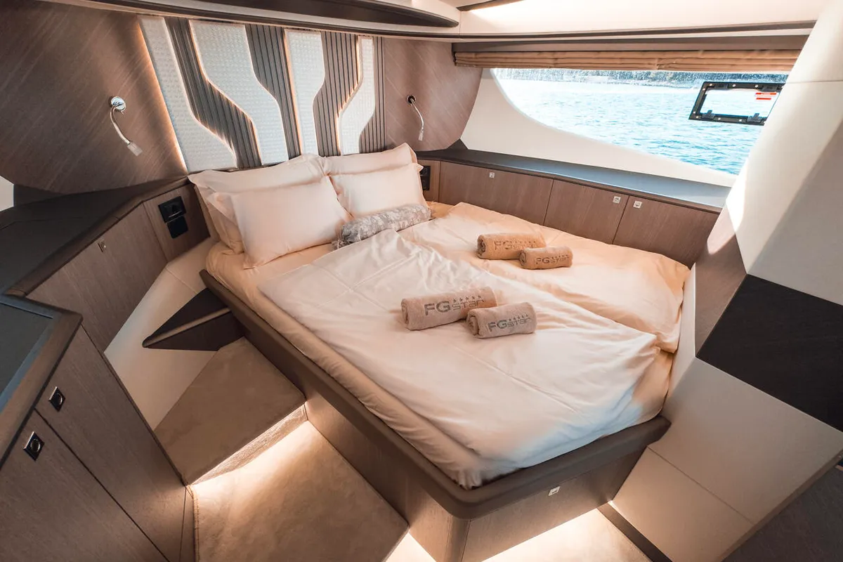 Head on FGStar Mini, a Galeon 440 Fly (Diesel) motor yacht at Seget Donji, Croatia